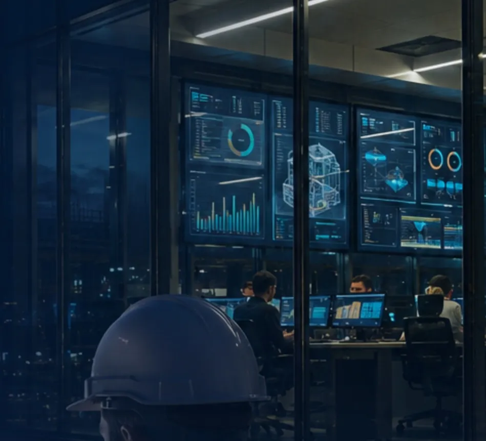 A project team reviewing live construction dashboards in a control room, seen past a hard hat.