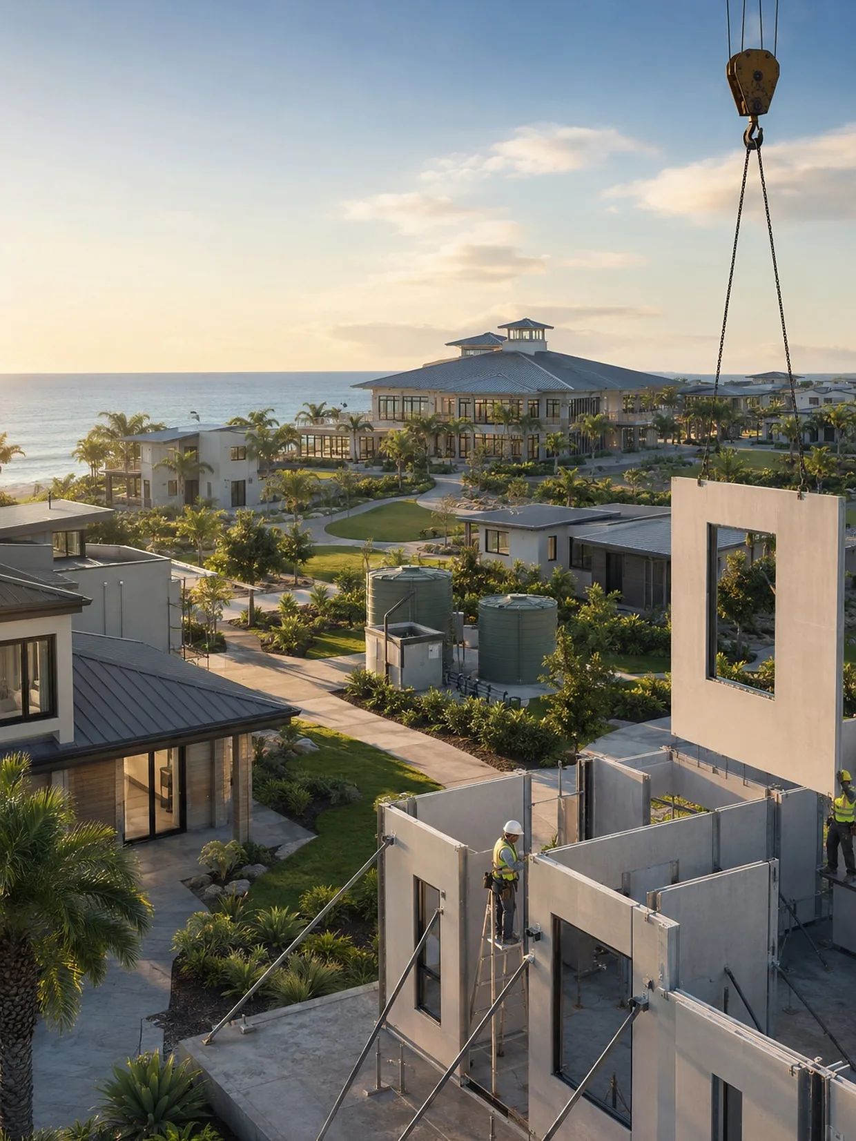 An engineered wall panel being craned into position on a coastal housing site at sunrise.