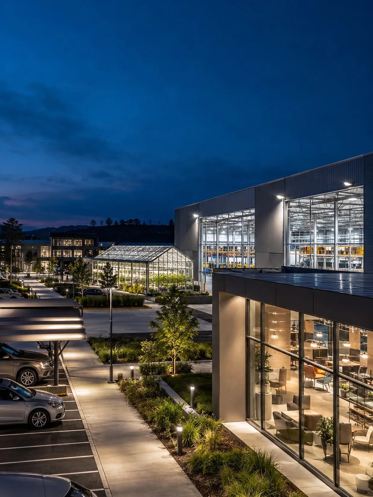 A campus at night lit throughout: interior, greenhouse, walkway and parking lighting seen together.