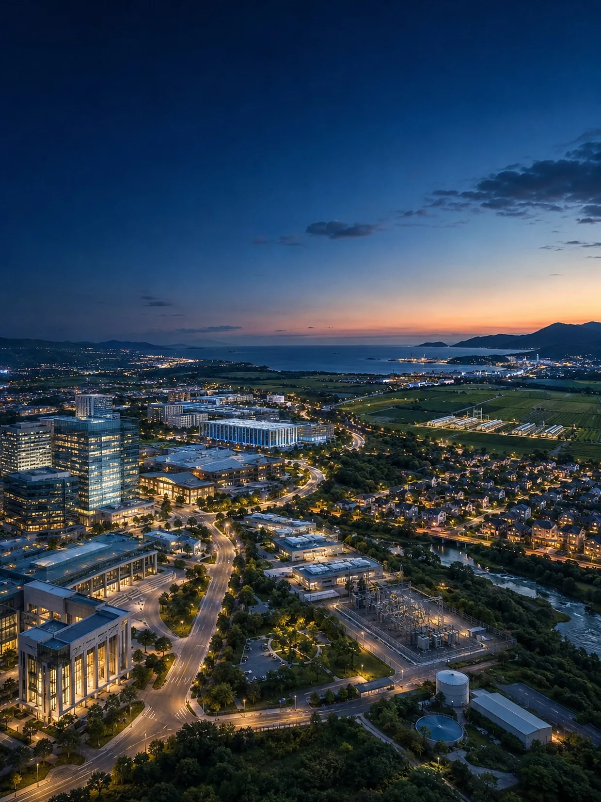 A coastal region at dusk seen from the air, its town, campus and agricultural corridor lit along the shore.
