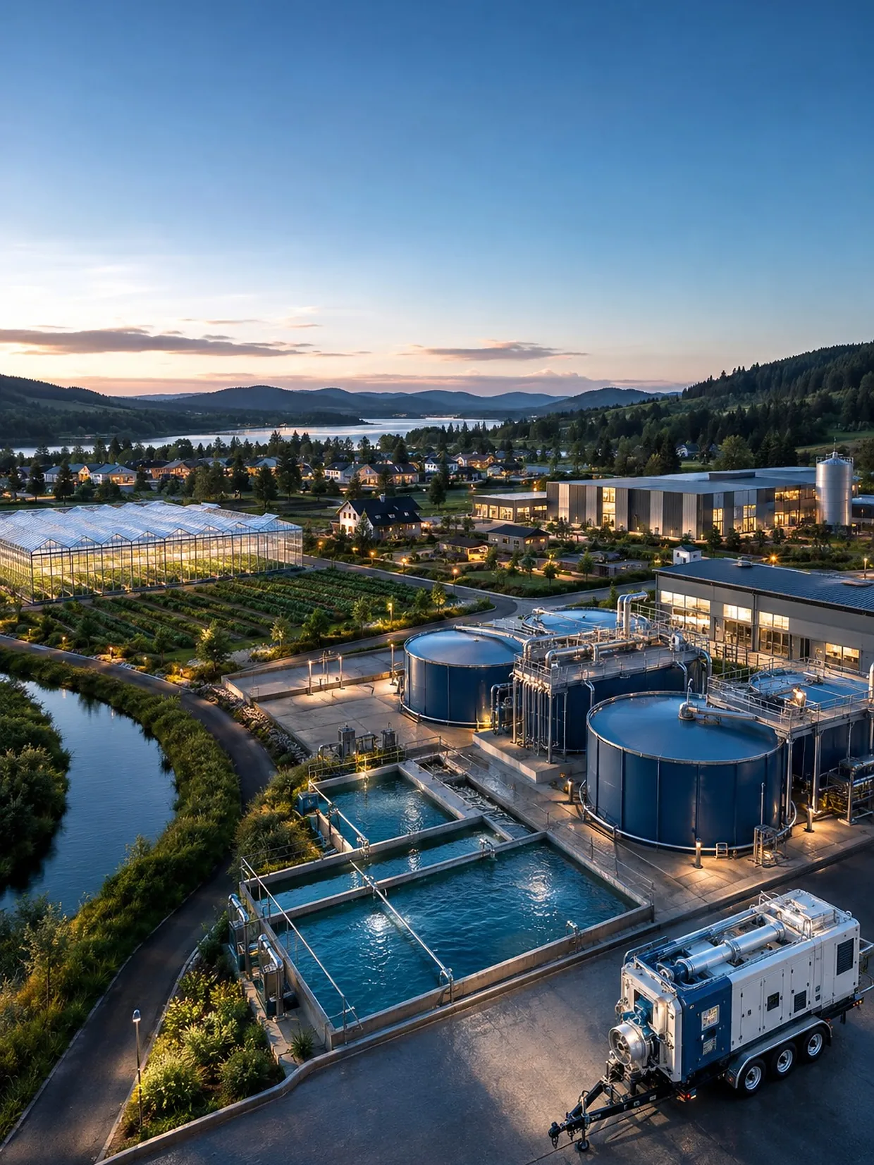 An aerial view of a water treatment plant at dusk: clarifiers, aeration basins, a mobile water unit and greenhouses beyond.