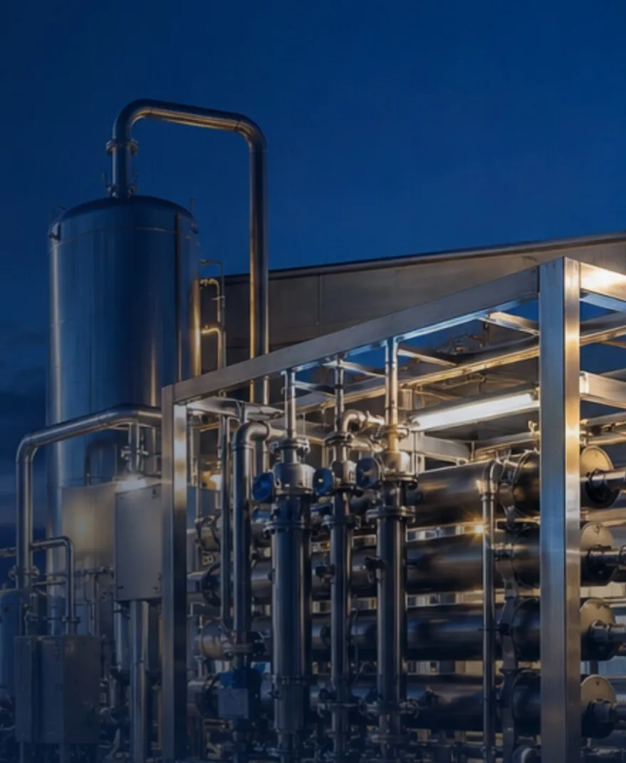 A membrane treatment and desalination skid inside a water production facility at night.